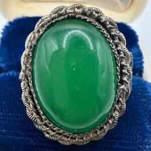 Vintage Chinese export green faux jade glass cabochon adjustable brass ring